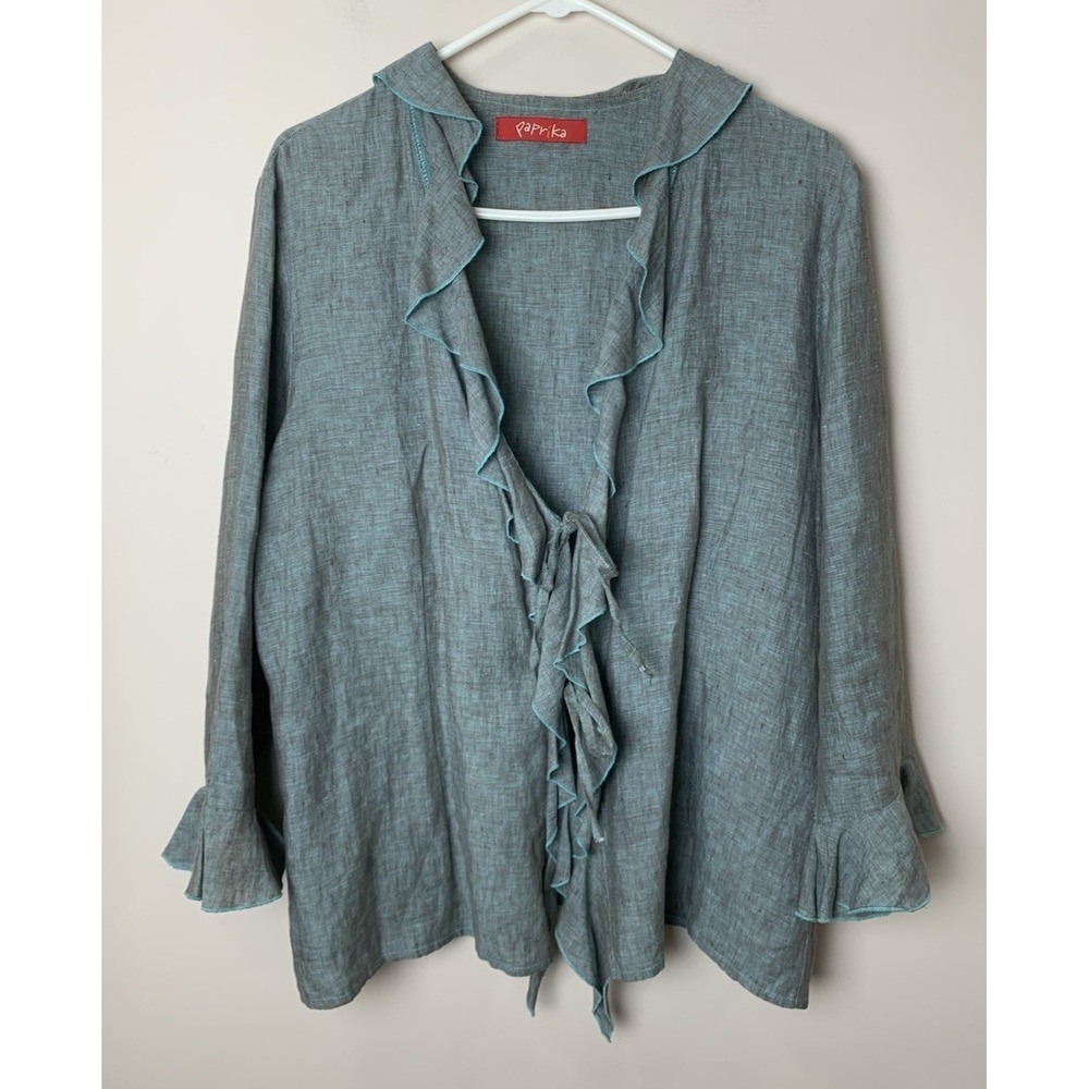 Paprika Belgian Linen Jacket Womens XL Green Ruffle Tie Front Lagenlook Boho